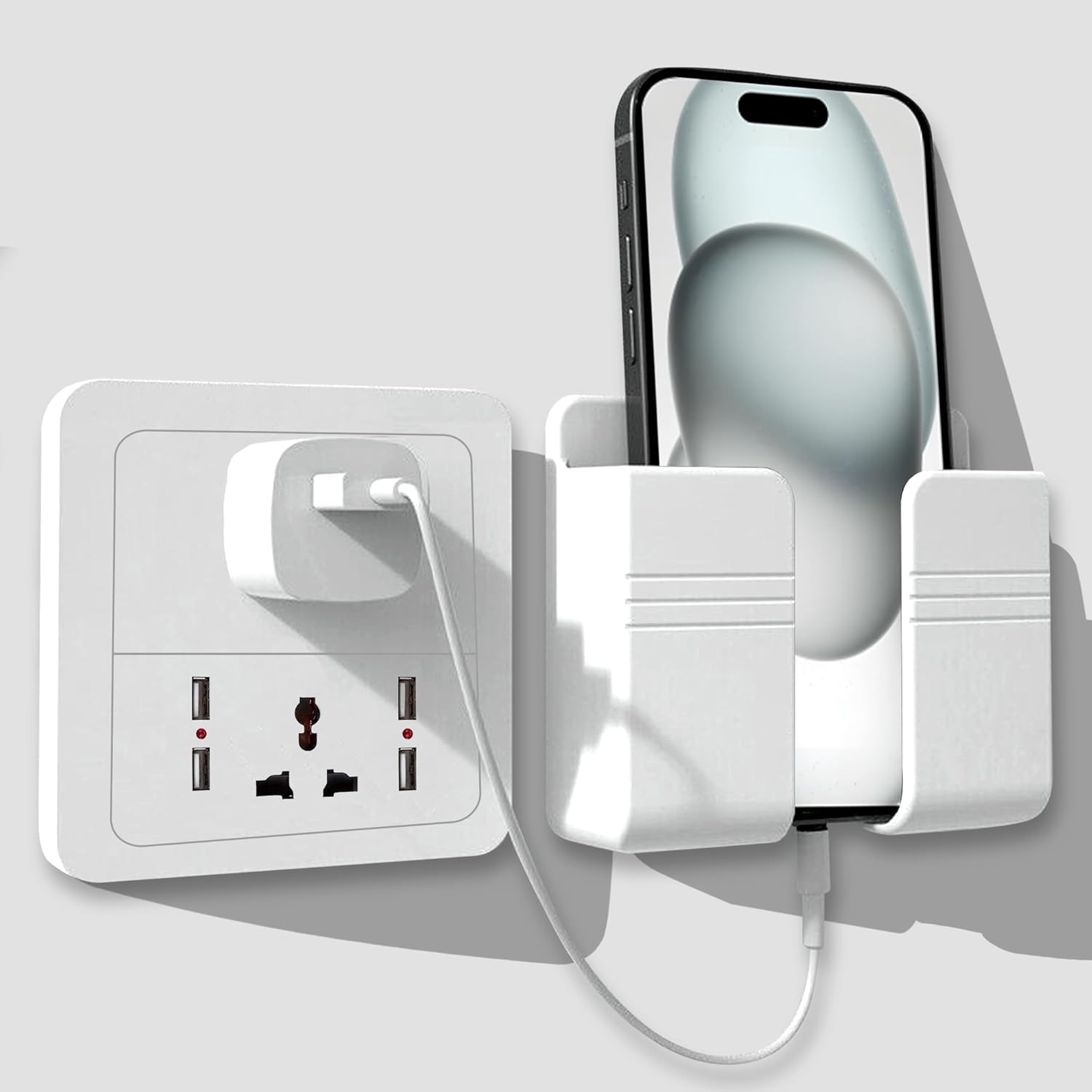 WALLVIEW TECH Wall Mounted Mobile Holder Storage Case for Remote, Wall Mounted Mobile Stand/Multi Purpose Stand with Hole for Smartphones Charging-(IQ White)