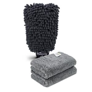 SOFTSPUN Microfiber Single Side 1 Piece Chenille Glove,1700 GSM Grey+20X30cm Cleaning Wipe 2Pcs | Multi-Purpose Super Absorbent and Perfect Wash Cleaning for Bike Auto,Cars Both Interior and Exterior