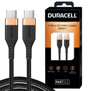 Duracell Usb Type C To Type C USB Cable 4A(60W) Braided Sync& Charging Cable,Compatible With Mobile,Laptop,Tablets&Macbook,3.9 Feet(1.2M) Supports Power Delivery(Pd) With Rapid Data Transmission,Black