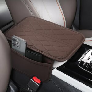 Xfopz Car Center Console Cover,Leather Car Armrest Cover with 2 Storage Bags,Universal Car Arm Rest Cover,Car Interior Accessories Protector for Most Vehicle (Brown)
